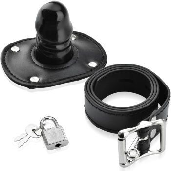 KNEBEL Z GUMOWYM PENISEM ZAMYKANY NA KŁÓDKĘ, KOREK ANALNY 2W1 - 79601097