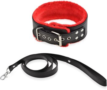 SKÓRZANA OBROŻA BDSM Z MIĘKKIM FUTERKIEM I ZE SMYCZĄ - 70276691