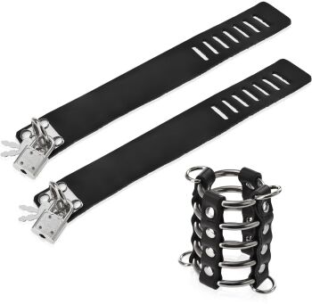 KLATKA NA PENISA Z KAJDANKAMI BDSM STALOWE PIERŚCIENIE + KAJDANY Z KŁÓDKĄ - 72995358